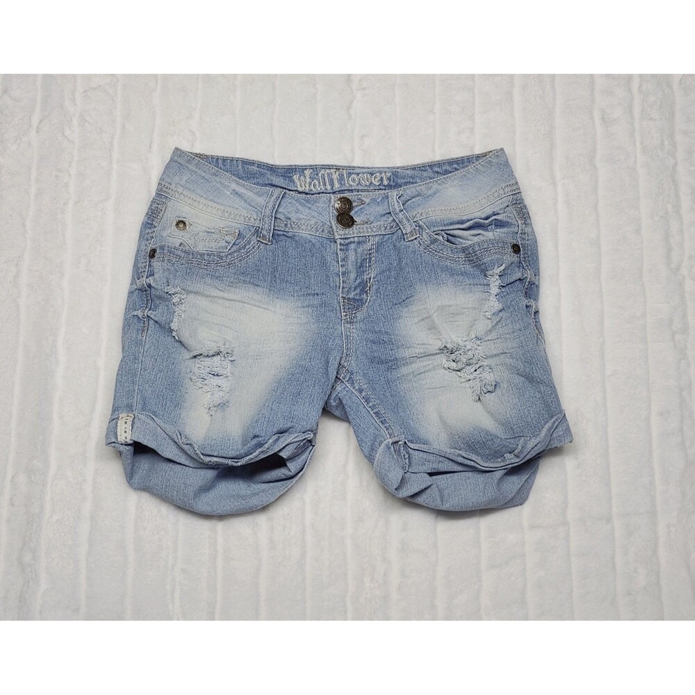 Wallflower Women's Size 5 Embroidered Cuffed Jean Shorts Denim Distressed Boho